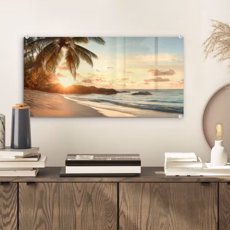 Glas schilderij - Strand - Palmbomen - Oceaan - Zonsondergang — 2