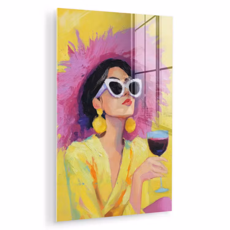 Glas schilderij - Vrouw - Hoed - Paars - Wijn — 1