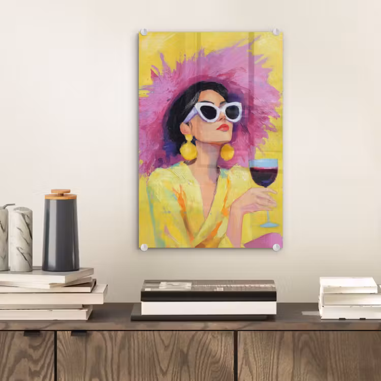 Glas schilderij - Vrouw - Hoed - Paars - Wijn — 2