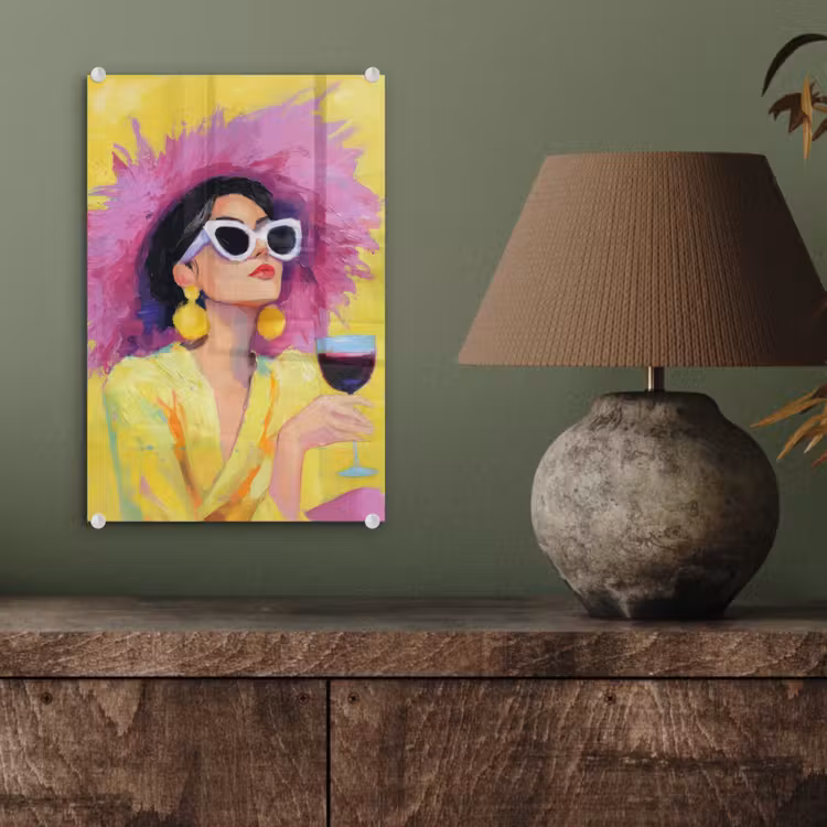 Glas schilderij - Vrouw - Hoed - Paars - Wijn — 4