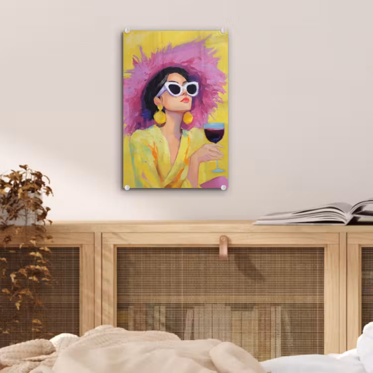 Glas schilderij - Vrouw - Hoed - Paars - Wijn — 5
