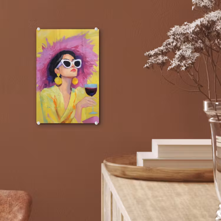 Glas schilderij - Vrouw - Hoed - Paars - Wijn — 6
