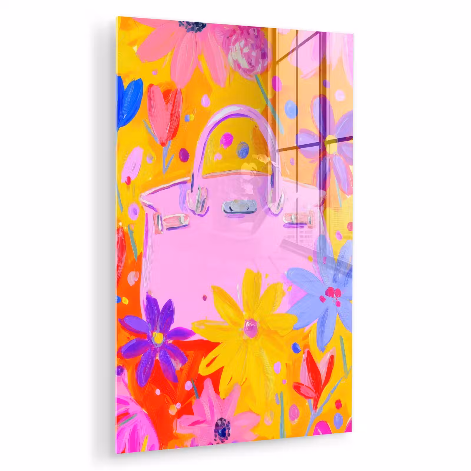 Glas schilderij - Tas - Roze - Bloemen — 1