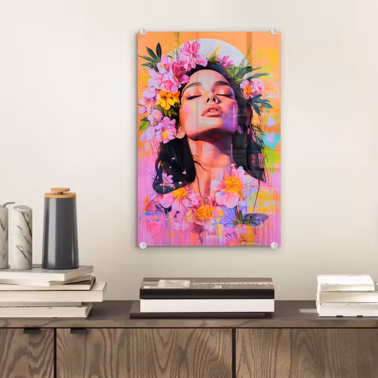 Glas schilderij - Portret - Bloemenkroon - Vrouw — 2
