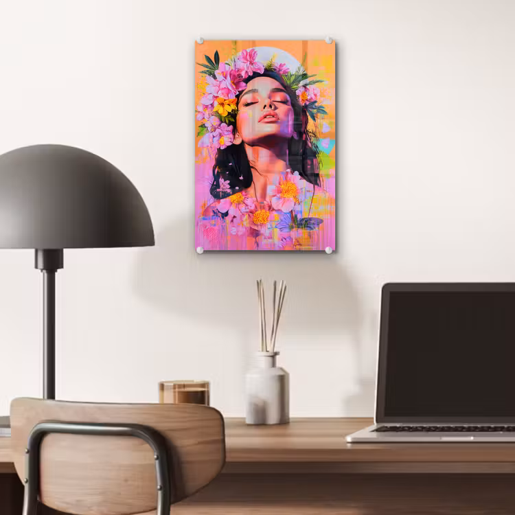 Glas schilderij - Portret - Bloemenkroon - Vrouw — 7