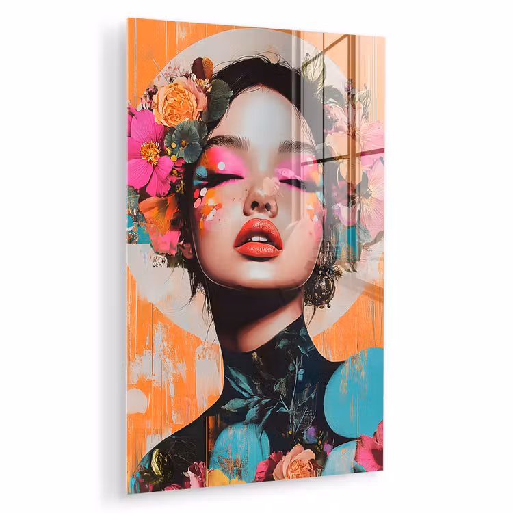 Glas schilderij - Portret - Vrouw - Abstract - Bloemen — 1