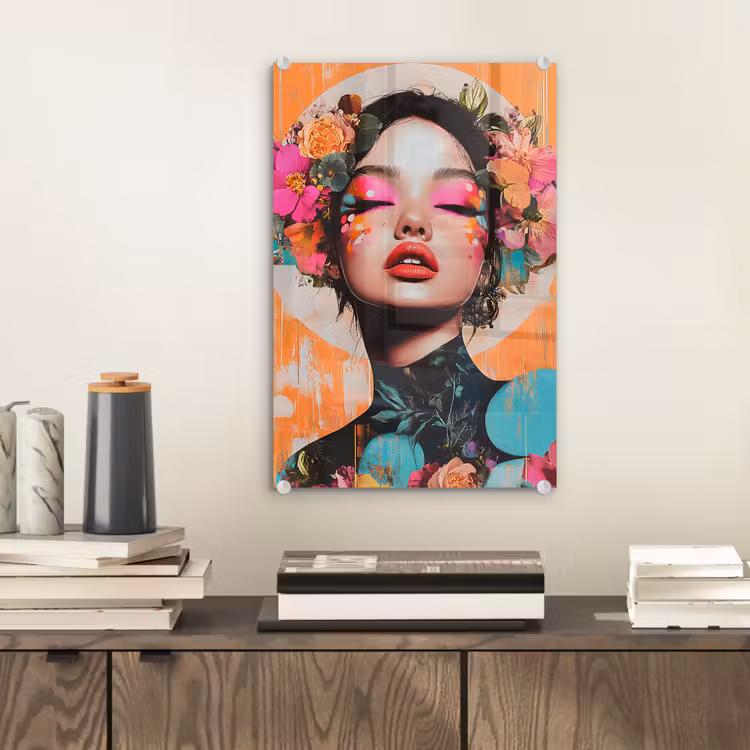 Glas schilderij - Portret - Vrouw - Abstract - Bloemen — 2
