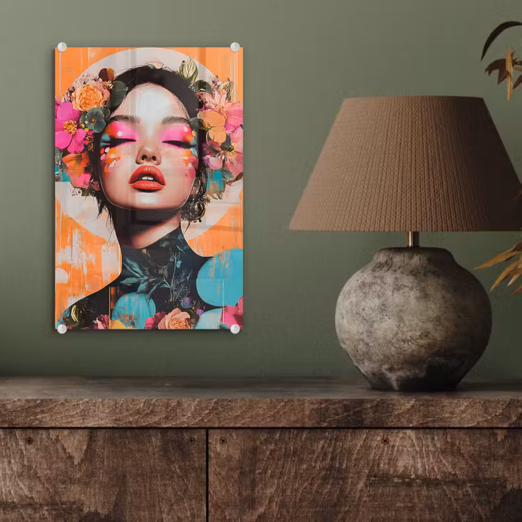 Glas schilderij - Portret - Vrouw - Abstract - Bloemen — 4