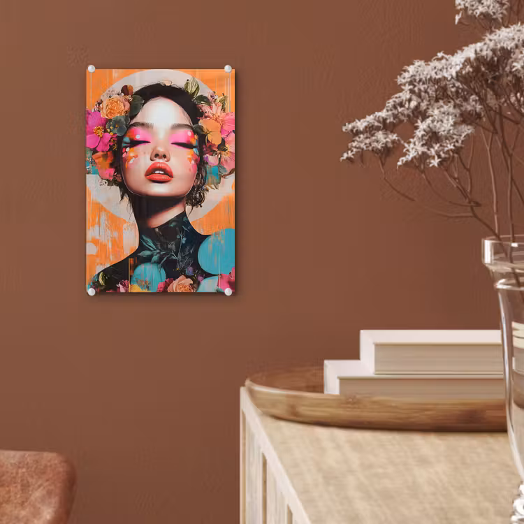 Glas schilderij - Portret - Vrouw - Abstract - Bloemen — 6