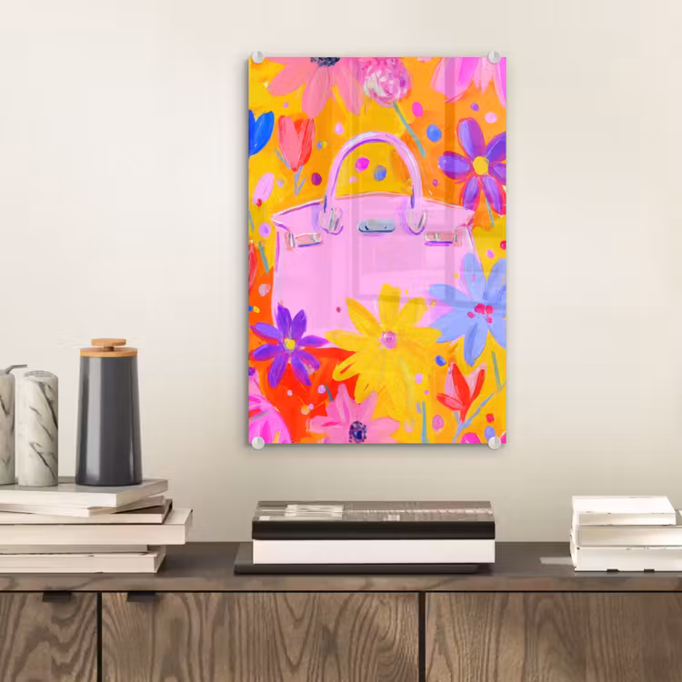 Glas schilderij - Tas - Roze - Bloemen — 2