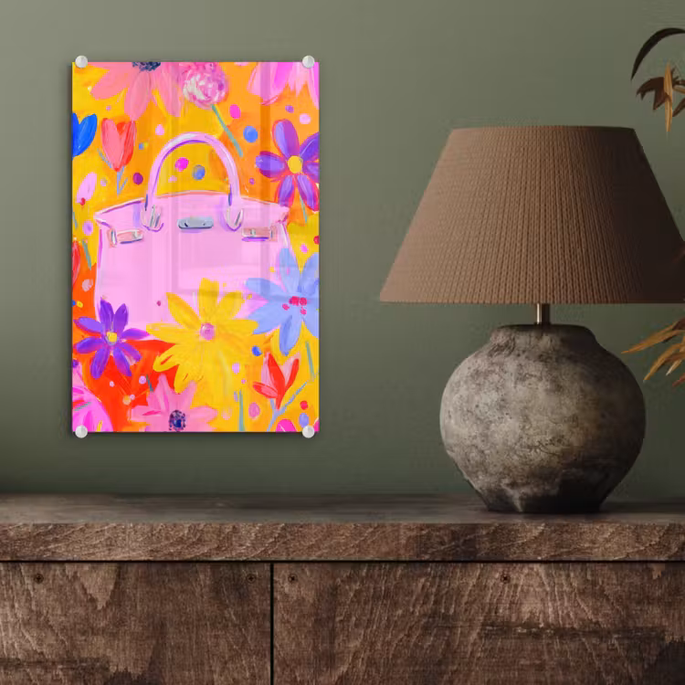 Glas schilderij - Tas - Roze - Bloemen — 4