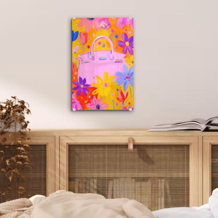 Glas schilderij - Tas - Roze - Bloemen — 5