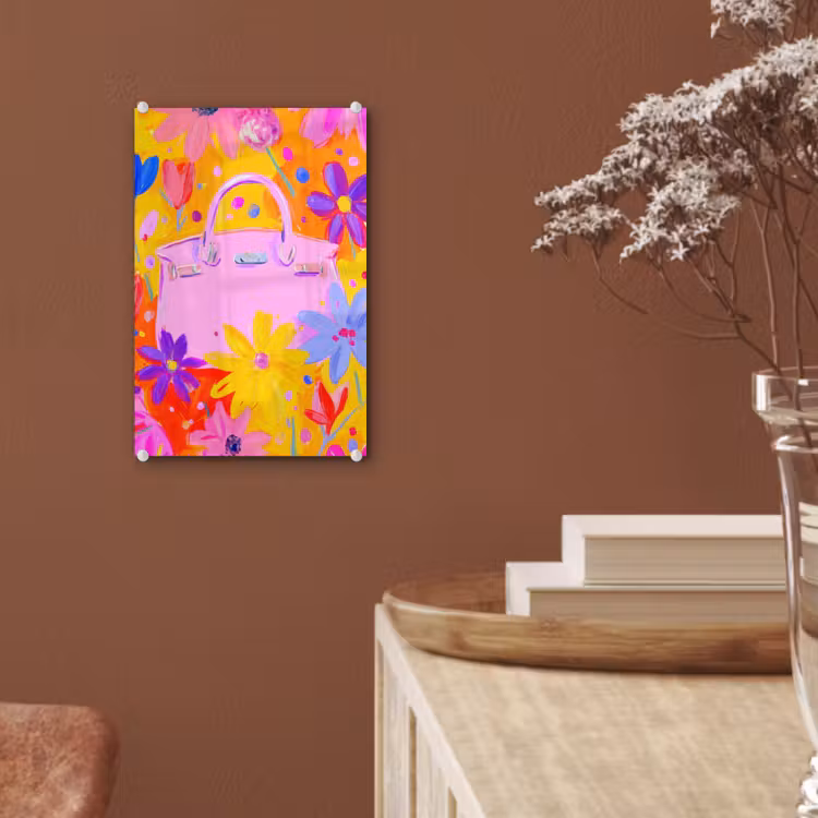 Glas schilderij - Tas - Roze - Bloemen — 6