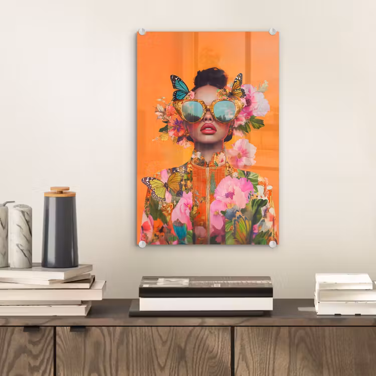 Glas schilderij - Vlinders - Vrouw - Zonnebril - Kleurrijk — 2