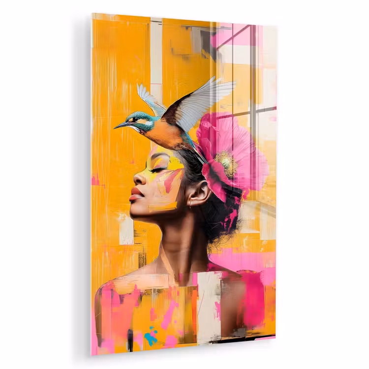 Glas schilderij - Vogel - Vrouw - Abstract - Bloem — 1
