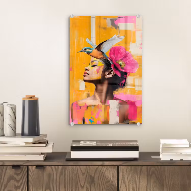 Glas schilderij - Vogel - Vrouw - Abstract - Bloem — 2