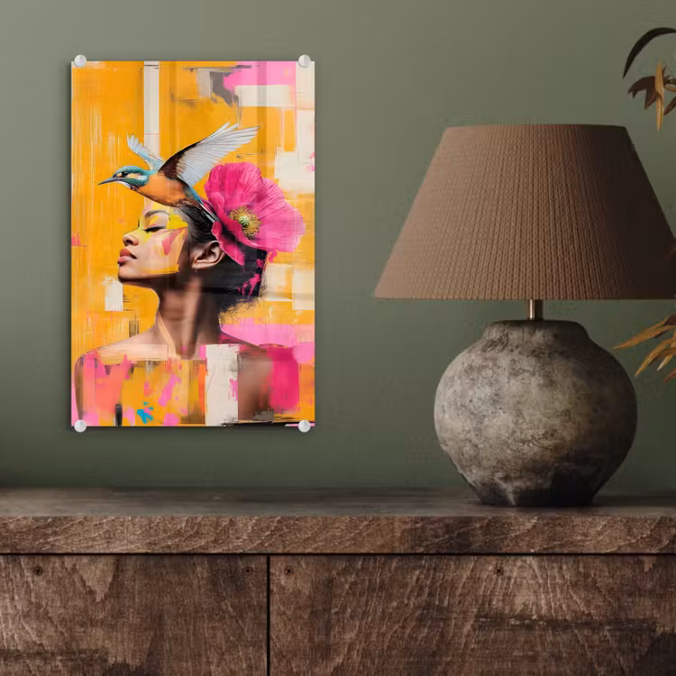 Glas schilderij - Vogel - Vrouw - Abstract - Bloem — 4