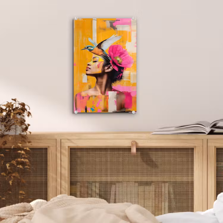 Glas schilderij - Vogel - Vrouw - Abstract - Bloem — 5