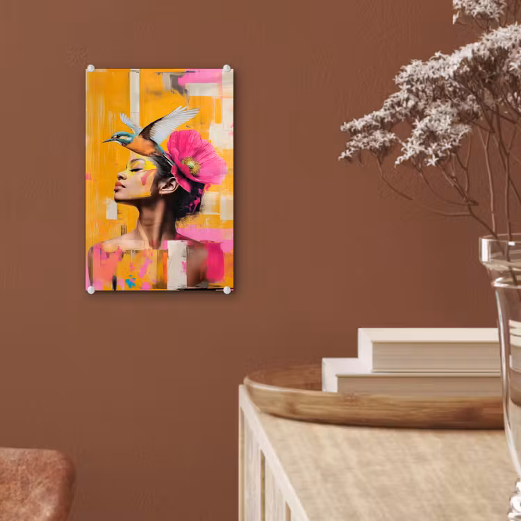 Glas schilderij - Vogel - Vrouw - Abstract - Bloem — 6