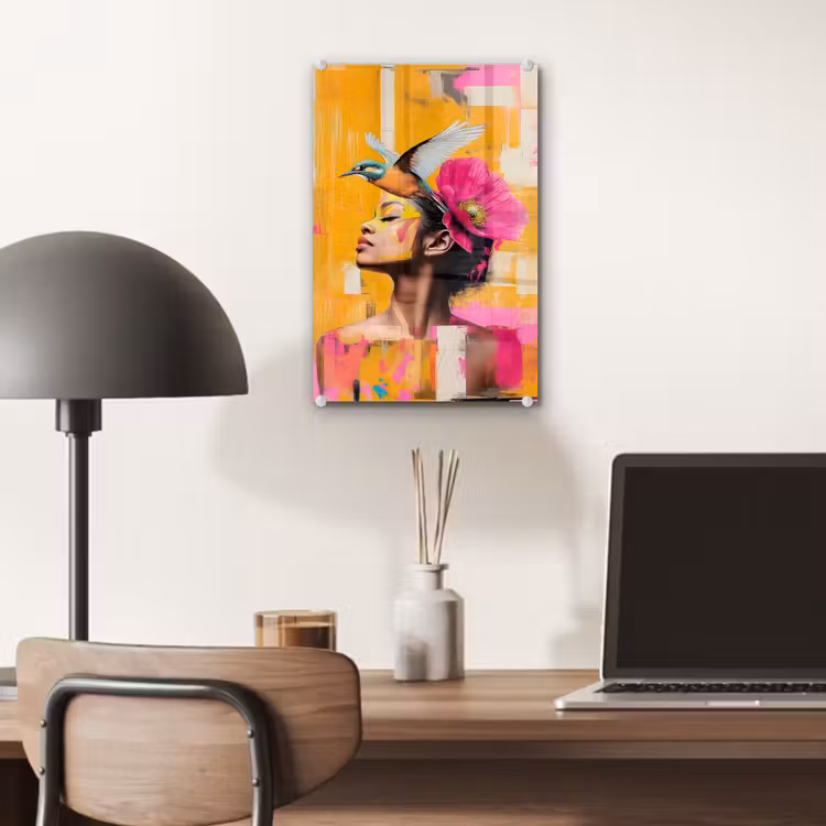 Glas schilderij - Vogel - Vrouw - Abstract - Bloem — 7