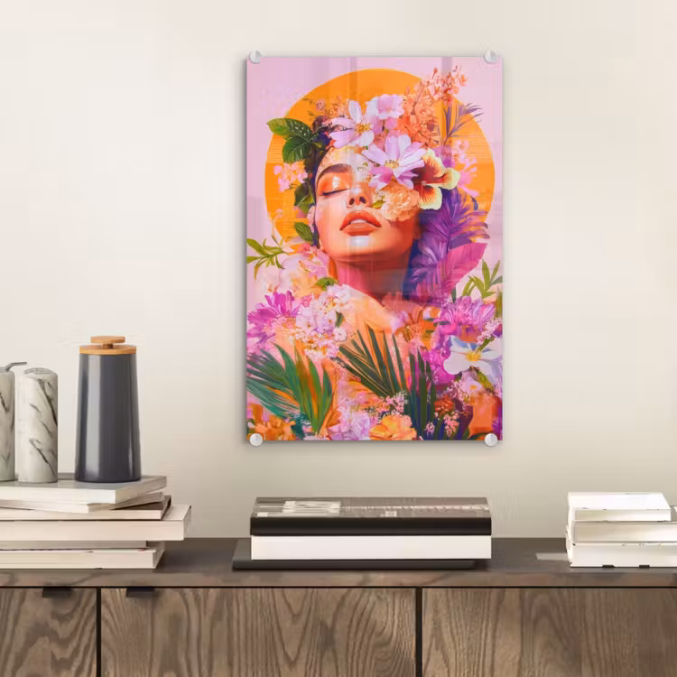 Glas schilderij - Vrouw - Abstract - Cirkel - Bloemen — 2