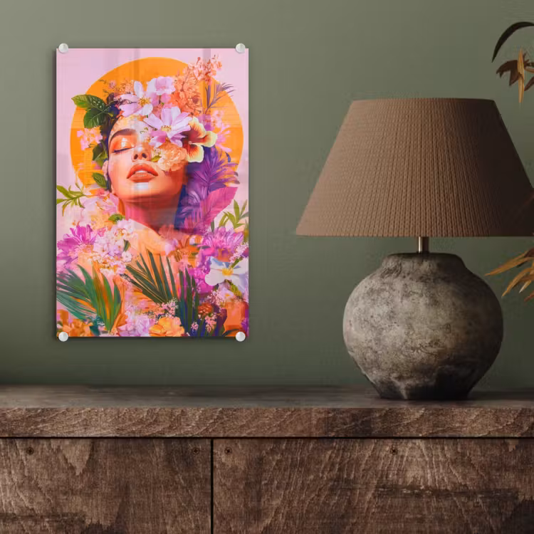 Glas schilderij - Vrouw - Abstract - Cirkel - Bloemen — 4