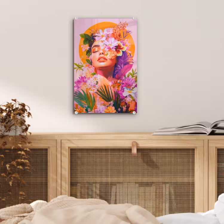 Glas schilderij - Vrouw - Abstract - Cirkel - Bloemen — 5