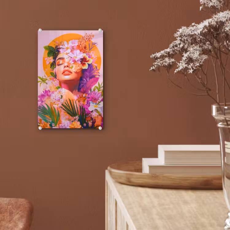 Glas schilderij - Vrouw - Abstract - Cirkel - Bloemen — 6
