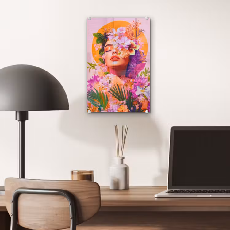 Glas schilderij - Vrouw - Abstract - Cirkel - Bloemen — 7