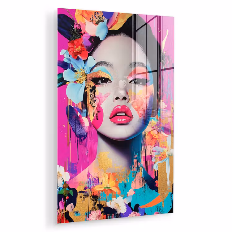 Glas schilderij - Vrouw - Portret - Abstract - Paars — 1