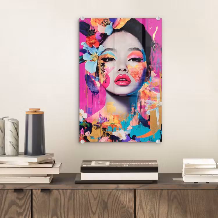 Glas schilderij - Vrouw - Portret - Abstract - Paars — 2