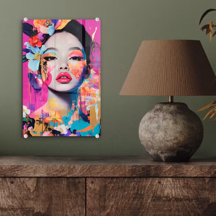 Glas schilderij - Vrouw - Portret - Abstract - Paars — 4