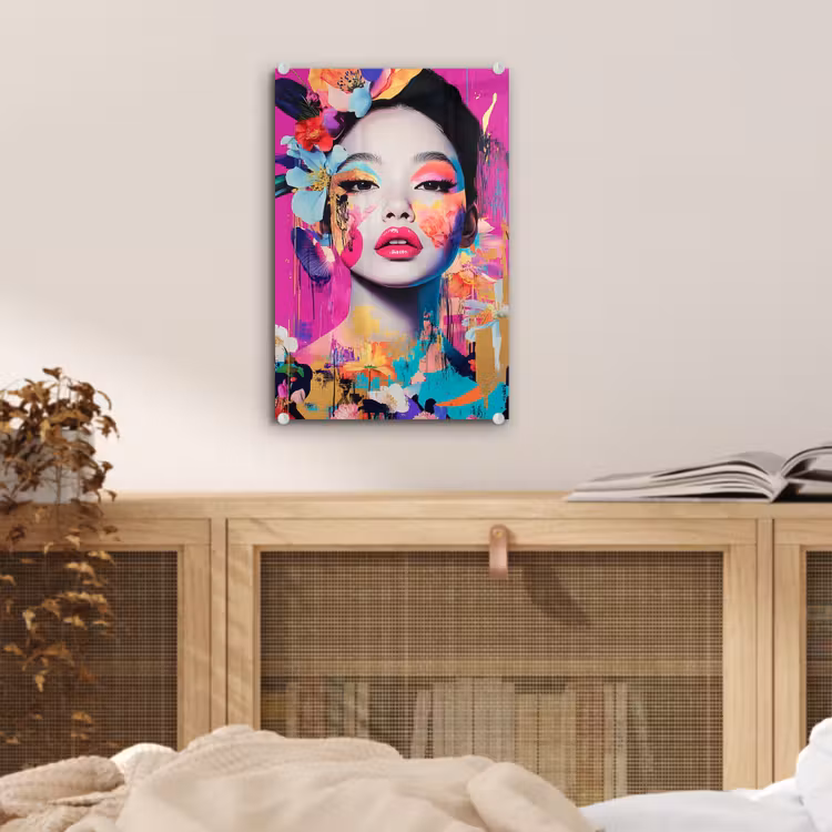 Glas schilderij - Vrouw - Portret - Abstract - Paars — 5