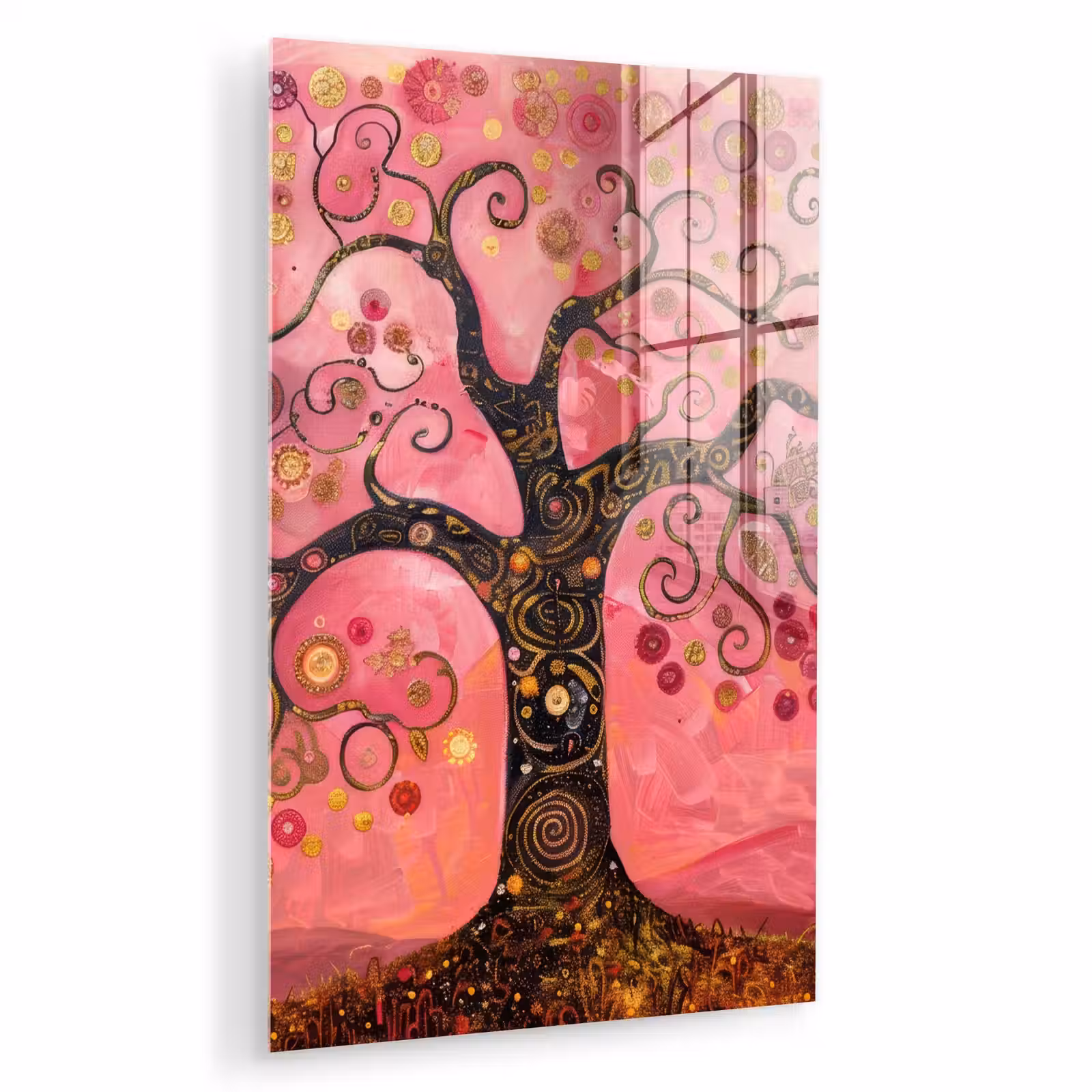 Glas schilderij - Boom - Levensboom - Roze - Goud — 1