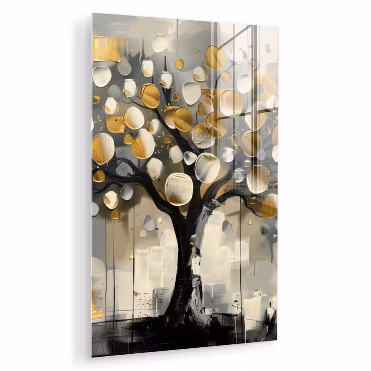 Glas schilderij - Boom - Abstract - Beige - Goud - Zwart — 1