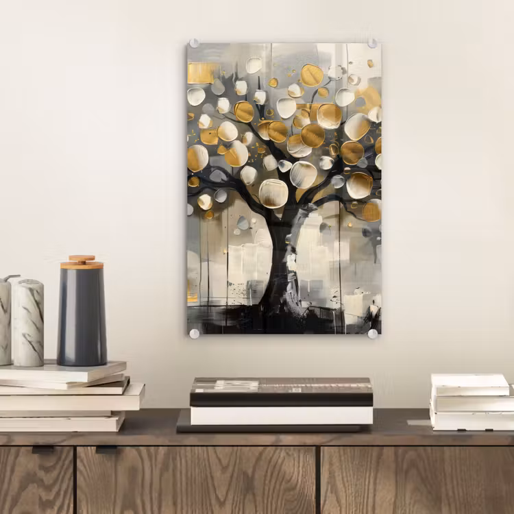 Glas schilderij - Boom - Abstract - Beige - Goud - Zwart — 2