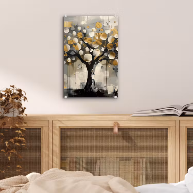 Glas schilderij - Boom - Abstract - Beige - Goud - Zwart — 5