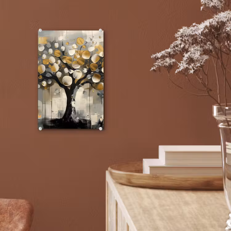 Glas schilderij - Boom - Abstract - Beige - Goud - Zwart — 6