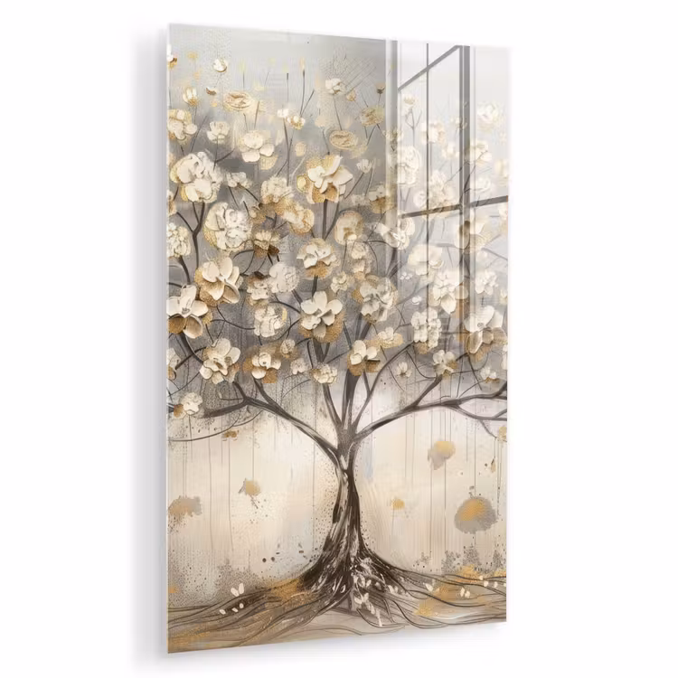 Glas schilderij - Boom - Beige - Goud - Verflook - Grijs — 1