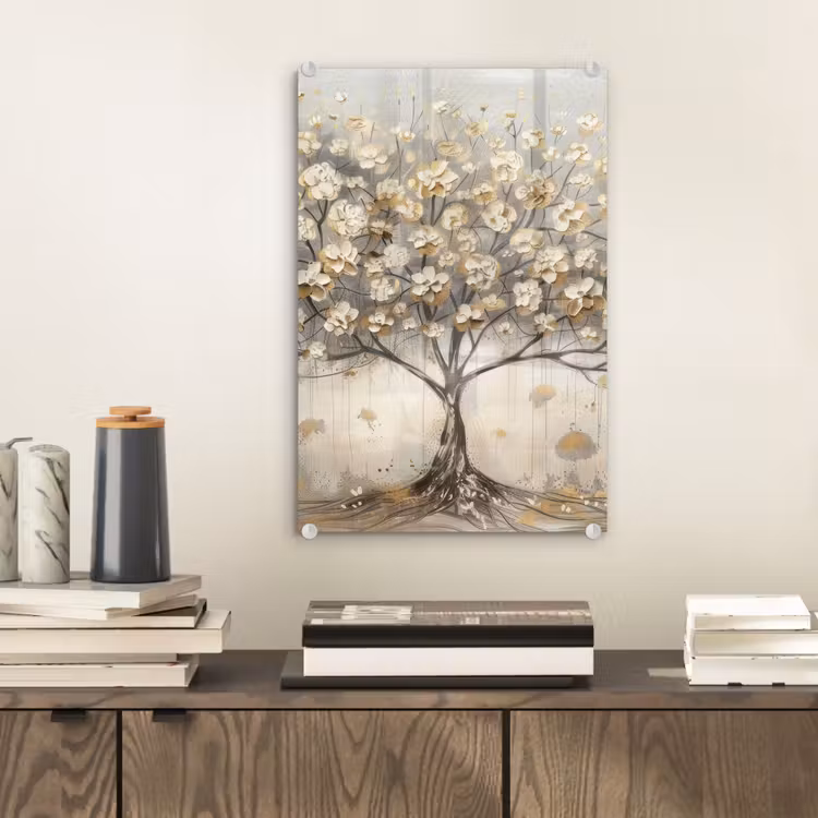 Glas schilderij - Boom - Beige - Goud - Verflook - Grijs — 2