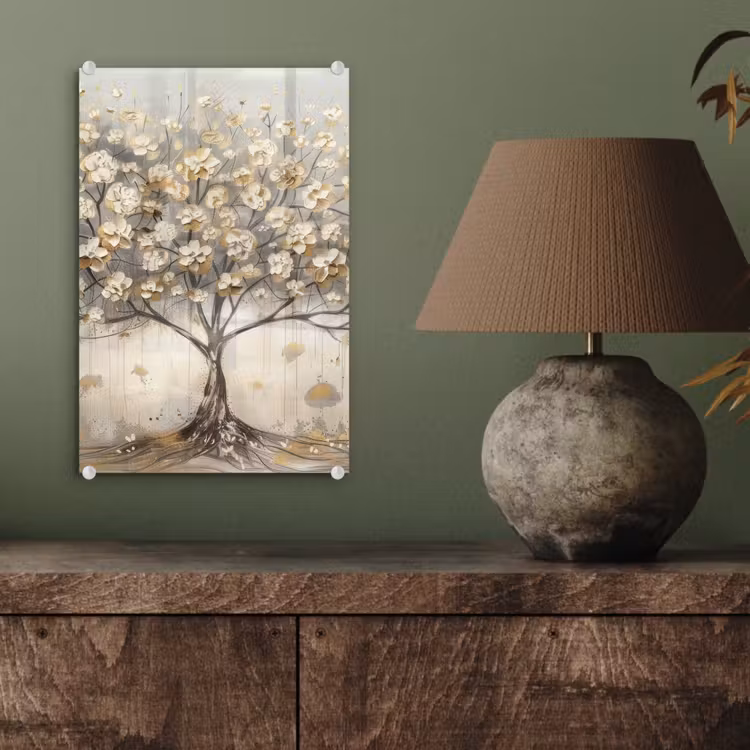 Glas schilderij - Boom - Beige - Goud - Verflook - Grijs — 4