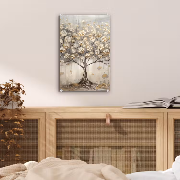Glas schilderij - Boom - Beige - Goud - Verflook - Grijs — 5