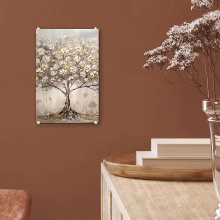 Glas schilderij - Boom - Beige - Goud - Verflook - Grijs — 6
