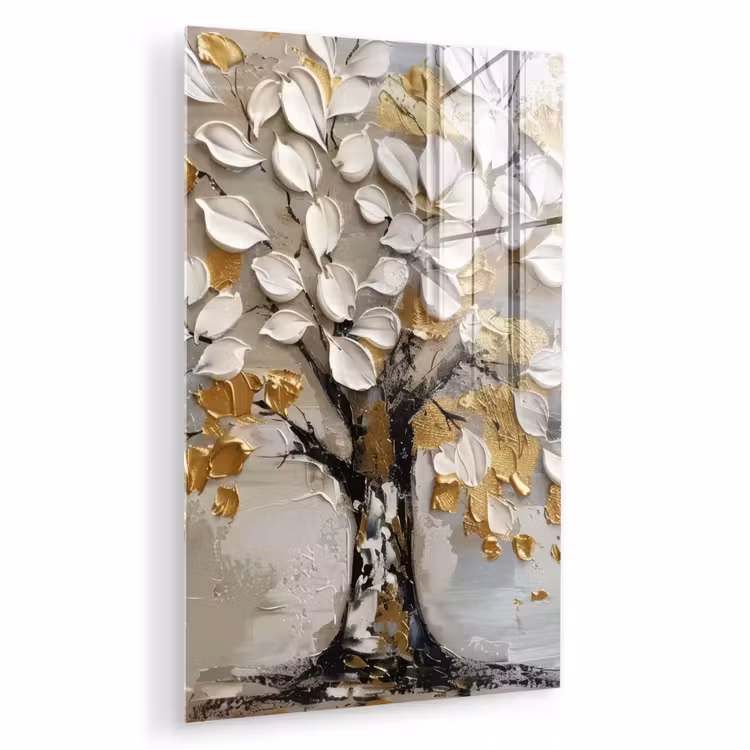 Glas schilderij - Boom - Beige - Grijs - Goud - Abstract — 1