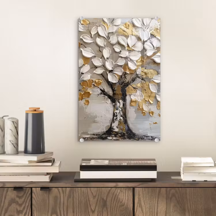 Glas schilderij - Boom - Beige - Grijs - Goud - Abstract — 2