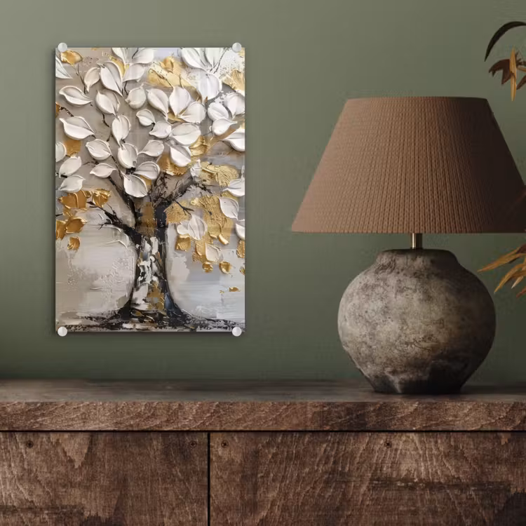 Glas schilderij - Boom - Beige - Grijs - Goud - Abstract — 4