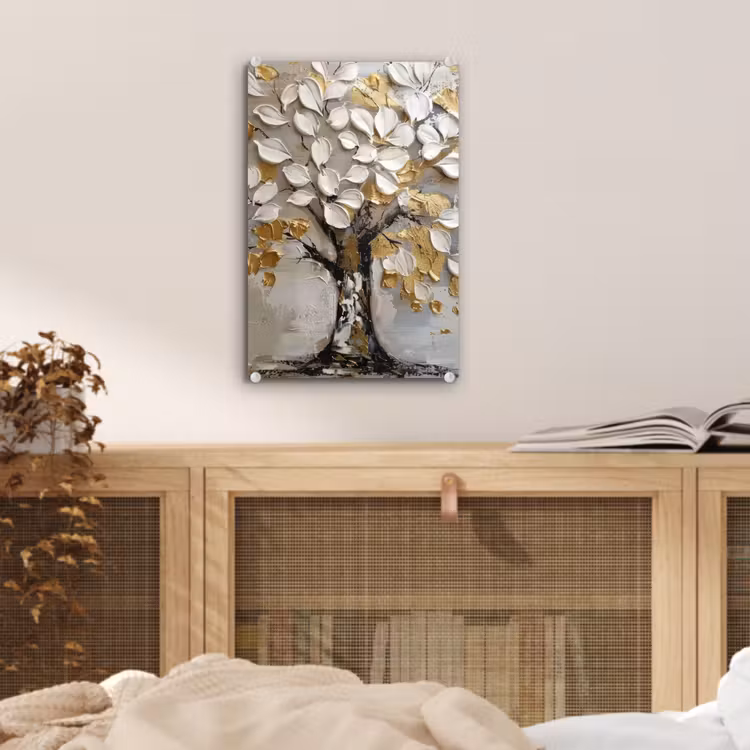Glas schilderij - Boom - Beige - Grijs - Goud - Abstract — 5