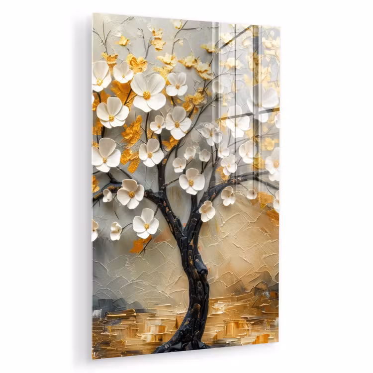 Glas schilderij - Boom - Bloemen - Goud - Beige — 1