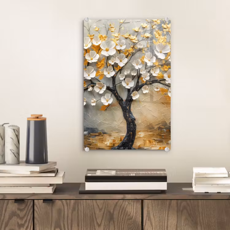Glas schilderij - Boom - Bloemen - Goud - Beige — 2