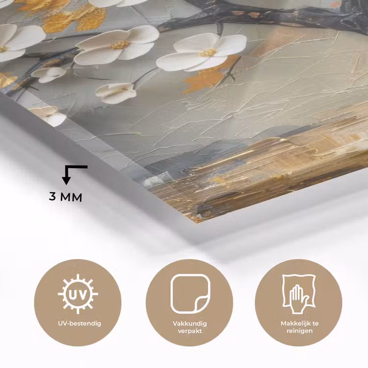 Glas schilderij - Boom - Bloemen - Goud - Beige — 3